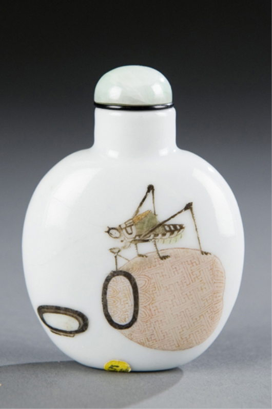 Circa 1821-1850 Chinese Daoguang porcelain snuff bottle with enamel crickets, one of more than 60 snuff bottles consigned from the collection of John W. Sinclair. Quinn’s image. 