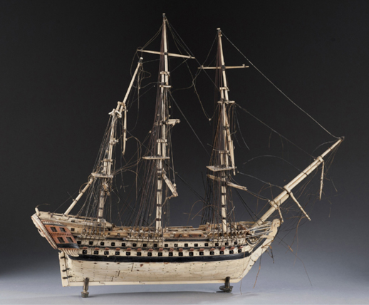 French prisoner of war carved-bone model ship ‘Achilles,’ first half of 19th century, 18 inches long, est. $3,000-$5,000. Quinn’s image. 