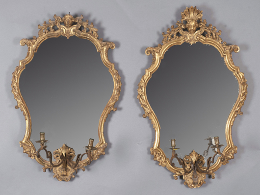 Set of four late-18th-century Italian carved giltwood mirrors, est. $8,000-$10,000. Quinn’s image. 