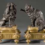 Pair of 19th-century, Louis XVI-style ormolu and patinated-bronze chenets modeled as a poodle and a cat, est. $4,000-$6,000. Quinn’s image.