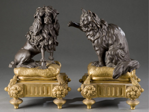 Pair of 19th-century, Louis XVI-style ormolu and patinated-bronze chenets modeled as a poodle and a cat, est. $4,000-$6,000. Quinn’s image.