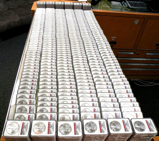 2011 Red Label Anniversary MS70 Silver Eagles. Image courtesy Blue Moon Coins.
