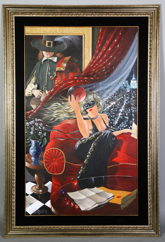 Victor Ostrovsky (Canadian/Israeli, b. 1949), ‘Monarch Cover,’ oil on canvas, signed lower left, 59 x 35 inches, 73 x 49 inches (frame). Gallery price $64,800. Estimate: $20,000-$30,000. Image courtesy Kaminski Auctions.
