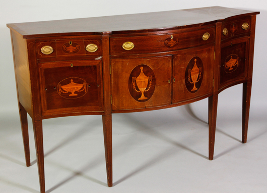 Antique 19th century Hepplewhite sideboard, mahogany, 39 inches high x  64 inches long x 27 inches deep. Estimate: $2,000-$3,000. Image courtesy Kaminski Auctions.