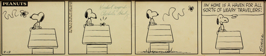 Peanuts daily comic strip 8-13-1962 (United Feature Syndicate, 1962) Charles Schulz (Californian, 1922-2000) was estimated to sell for $15,000 on the high side but earned an impressive $16,590. Image courtesy Clars Auction Gallery.