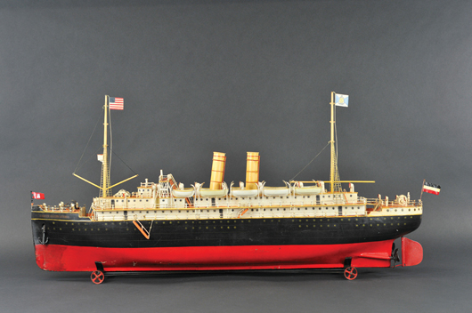 Marklin ‘Kaiserin Augusta Victoria’ steam-powered ocean liner, $138,000. Bertoia Auctions image.   