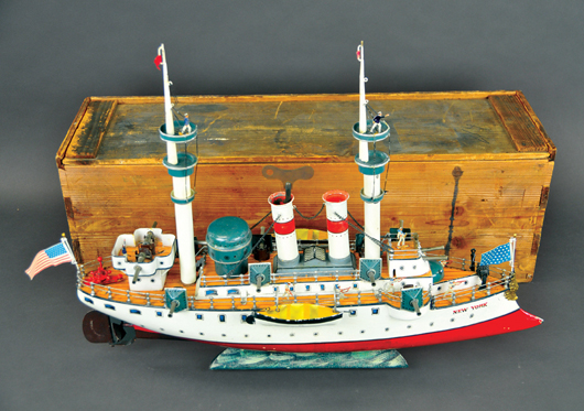 Marklin clockwork first-series ‘Battleship New York’ with original box, $109,250. Bertoia Auctions image.   