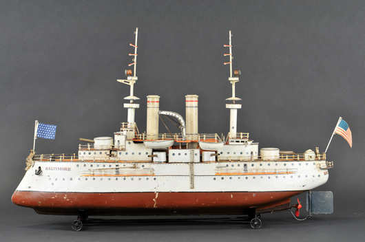 Circa-1912 to 1915 Marklin second-series steam-powered ‘Battleship Baltimore,’ $80,500. Bertoia Auctions image.   
