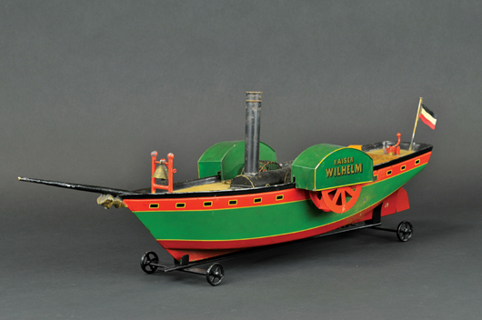 Circa-1875 steam-powered Rock & Graner ‘Kaiser Wilhelm’ paddlewheel boat, $46,000. Bertoia Auctions image.   