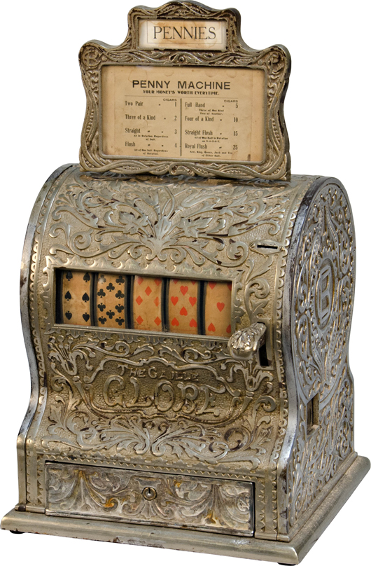 Caille Bros. 'Globe' Poker Hand 5-reel card machine, circa 1906, cast-iron case, sold for $85,000 not including the buyer's premium. Image courtesy Victorian Casino Antiques. 