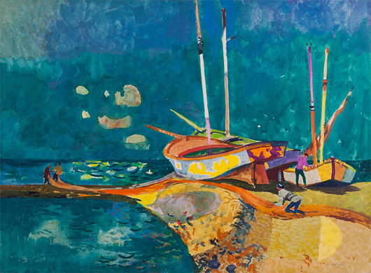 Millard Sheets, ‘Boats of Portugal,’ circa 1967 watercolor. Image courtesy Abell Auction Co.