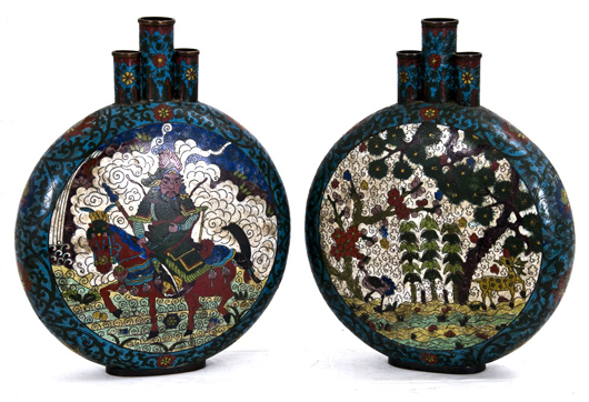 Pair of Chinese champleve moon flasks, 15 1/2 inches high. Image courtesy Abell Auction Co.