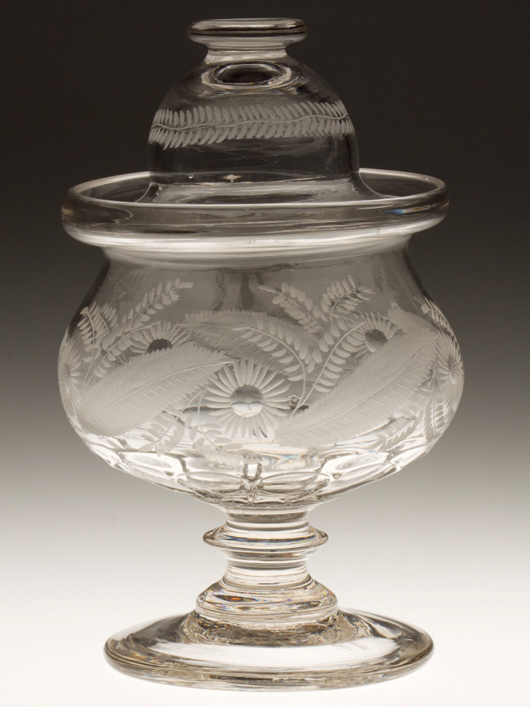 Bakewell pattern-molded and engraved sugar bowl and cover, colorless, circa 1820-1835 (May 19 sale, $8,625, Lot 171). Image courtesy Jeffrey S. Evans & Associates.   