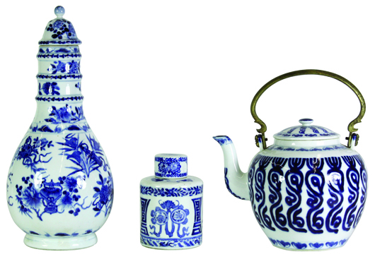 Highlighting the Asian offerings will be this collection of Chinese blue-and-white porcelain produced for the Thai market, commissioned by King Rama V (1853-1910) of Thailand. Image courtesy Clars Auction Gallery.