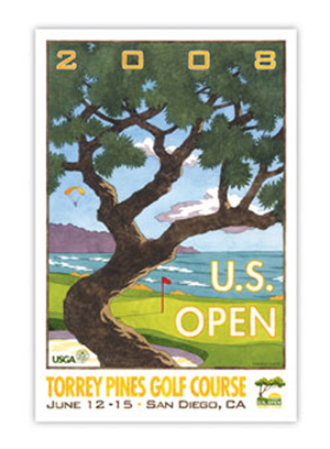 Lee Wybranski's first U.S. Open poster was the 2008 tournament at Torrey Pines, won by Tiger Woods. Image courtesy United States Golf Association.