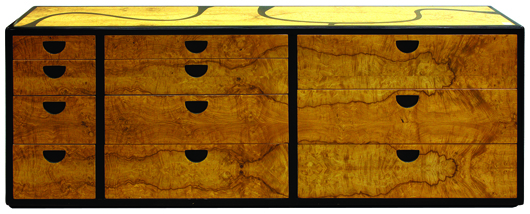 This inlaid cabinet designed by Vladimir Kagan carries a presale estimate of $5,000 to $7,000. Image courtesy Clars Auction Gallery.