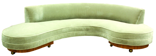 This biomorphic sofa, circa 1950, Vladimir Kagan is estimated to sell for $7,000 to $9,000 at Clars’ June 17 auction. Image courtesy Clars Auction Gallery.
