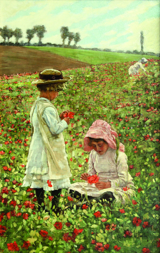 This painting by American artist Aloysius C. O’Kelly (1853-1926) of ‘Two Girls Playing in the Poppy Fields’ carries an estimate of $10,000 to $15,000. Image courtesy Clars Auction Gallery.