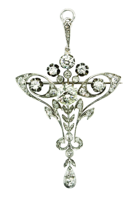 This Beaux Arts-era diamond pendant/brooch combination accented with European cut diamonds will be a highlight of the jewelry offerings at Clars on June 17. Image courtesy Clars Auction Gallery.