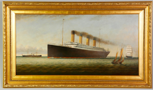 British artist Brian Coole’s framed oil on board, signed ‘RMS Titanic off South Hampton,’ sold for $7,020. Kaminski Auctions image.