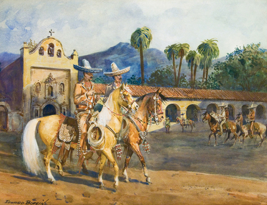 Edward Borein watercolor, ‘Charros in Mission Courtyard.' Estimate: $60,000-$80,000. Brian Lebel’s Old West Auction image.