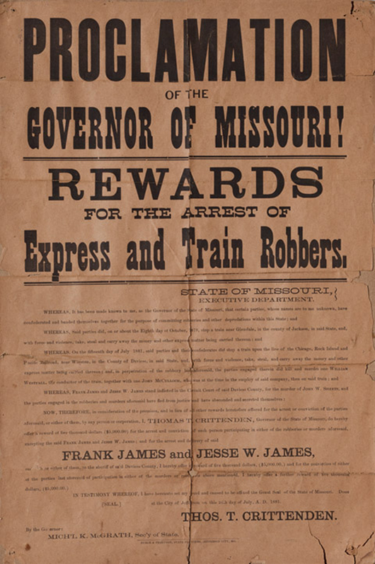 Authentic 1881 reward poster for outlaws Frank and Jesse James. Estimate: $15,000-$25,000. Brian Lebel’s Old West Auction image.