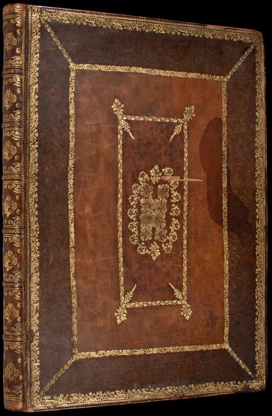 The ‘Fasciculus Temporum’ manuscript is bound in 17th century paneled calf with gilt tooling. PBA Galleries image.