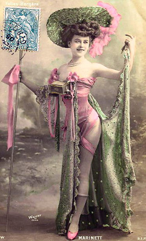 Circa-1900 tinted postcard of Folies Bergere dancer in costume, photo by Walery (French, 1863-1935).