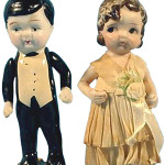 This 3 1/2-inch porcelain bridal pair with moving arms and paper clothing sold for $18 at a Rachel Davis Fine Arts auction in Cleveland. Each figure is marked 'Made in Japan.'