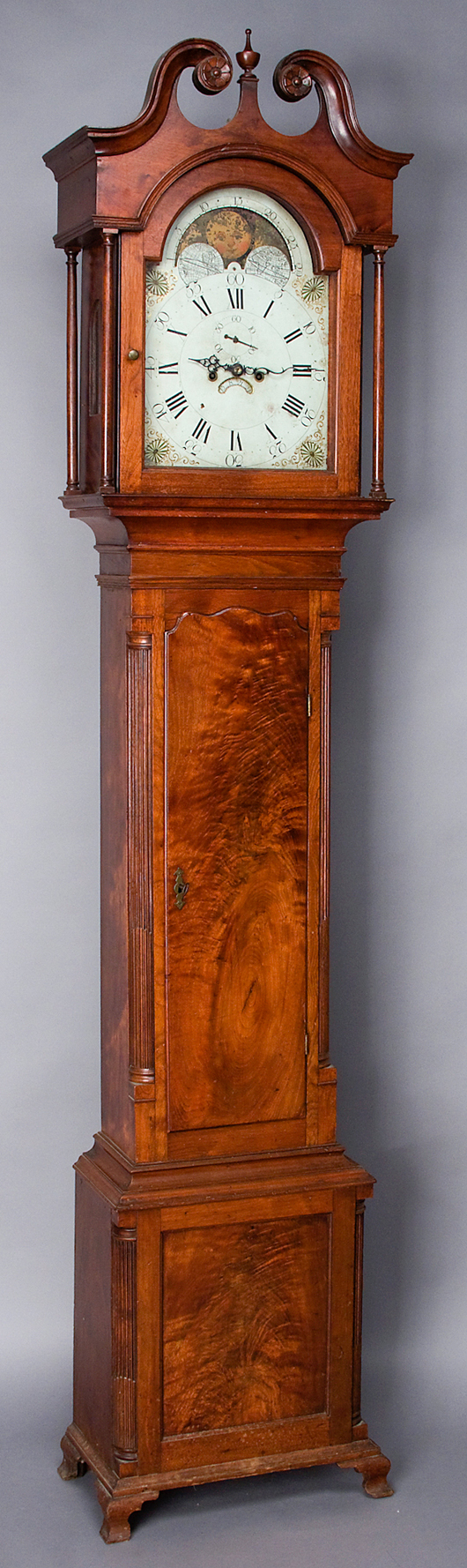 Fine Winchester, VA walnut tall case clock, c. 1795, the case attributed to the Frye-Martin shops