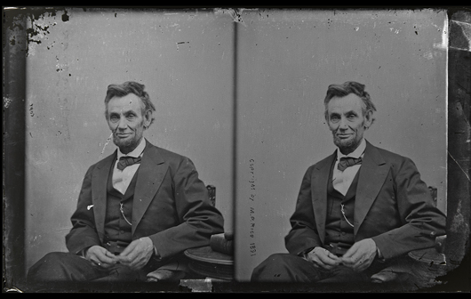 Stereographic glass negative from Abraham Lincoln's last sitting. Estimate: $40,000-$60,000. Cowan’s Auctions Inc. image.