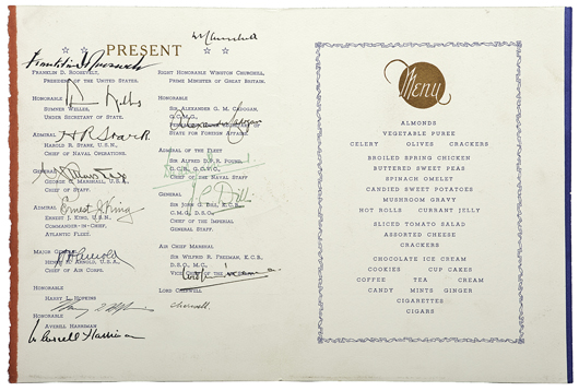 Rare menu from the 1941 Atlantic Conference signed by all guests including Winston Churchill and Franklin D. Roosevelt. Estimate $20,000-$25,000. Cowan’s Auctions Inc. image.