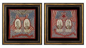 Pair of graphic and colorful kerchiefs from 1904 presidential campaign of Theodore Roosevelt vs. Alton Parker. Image courtesy of Jeff Bridgman.