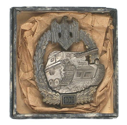 German World War II Panzer assault badge, awarded for 100 military engagements ($9,000). Mohawk Arms Inc. image.   