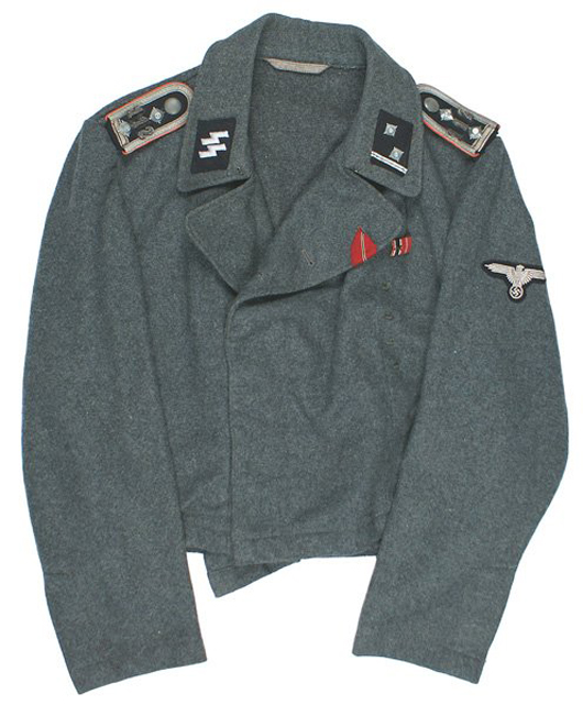 German World War II ‘wrapper’ (waist-length) jacket with machine-sewn W-SS sleeve eagle ($7,000). Mohawk Arms Inc. image.