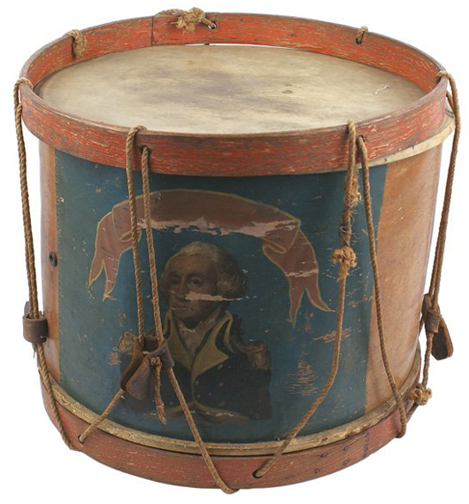 Pre-Civil War-era snare drum with basswood body and painted portrait of George Washington ($1,763). Mohawk Arms Inc. image.