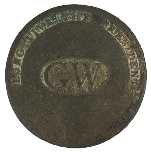 Actual flat copper button from the inauguration of President George Washington ($1,645). Mohawk Arms Inc. image.