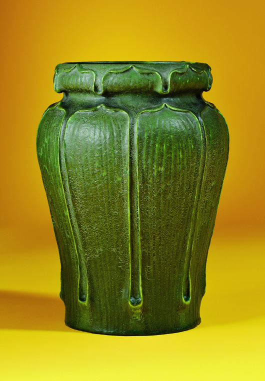 Marked Grueby Pottery vase, Boston, circa 1900, 12 1/2 inches high. Skinner Inc. image.