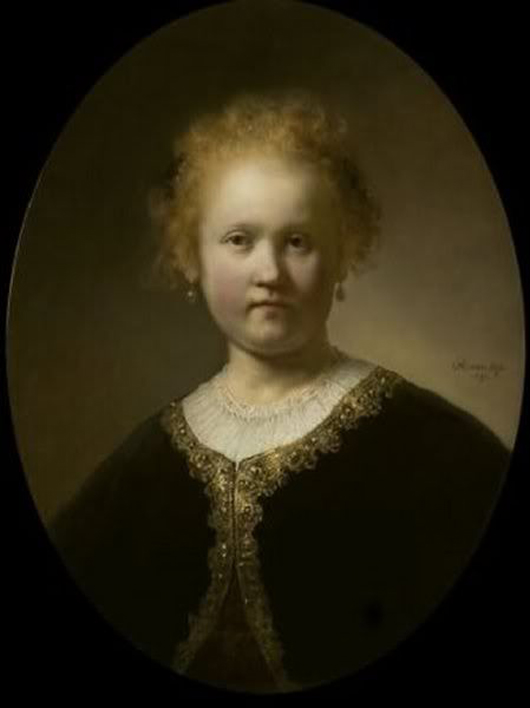 Rembrandt van Rijn (Dutch, 1606-69), Portrait of a Girl Wearing a Gold-Trimmed Cloak, 1632, oil on panel, held in a private collection. Public domain image in USA, accessed through Wikimedia Commons.
