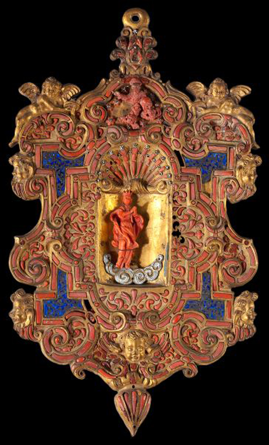 The Sicilian coral and gilt holy water stoup soared to $86,250. Leland Little Auctions and Estate Sales Ltd. image.