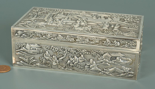 There are nearly 100 lots of Asian material in the auction including this box with marks for Luen Wo of Shanghai, one of five pieces of Chinese silver in the sale. Estimate: $600-$900. Case Antiques image.