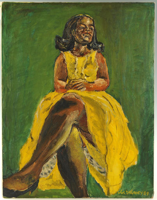 Oil on board painting of a woman in a yellow dress, one of seven works in the auction by Joseph Delaney (Tennessee/New York, 1904-1991). It is estimated at $3,000-$4,000. Case Antiques image.