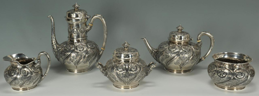 A five-piece sterling tea and coffee service in the Persian taste, with M mark, is part of a single-owner collection of Tiffany & Co. silver featured in the sale. It is estimated at $4,000-$6,000. Case Antiques image.