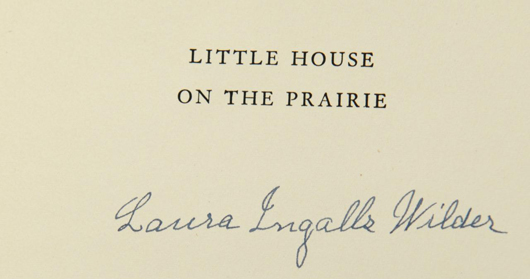 The rare books category includes a complete set of eight ‘Little House on the Prairie’ books, each bearing the signature of author Laura Ingalls Wilder. The books will be sold in pairs with estimates of $2,500-$3,500 per pair. Case Antiques image.