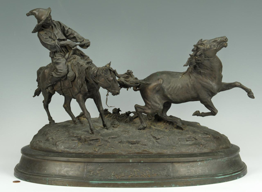 Evgeni Alexandrovich Lanceray (Russian, 1848-1886) large bronze ‘Capture of a Wild Kirghiz Horse,’ inscribed E. Lanceray in Cyrillic, with foundry mark for F. Chopin in Cyrillic. It is estimated at $10,000-$15,000. Case Antiques image.