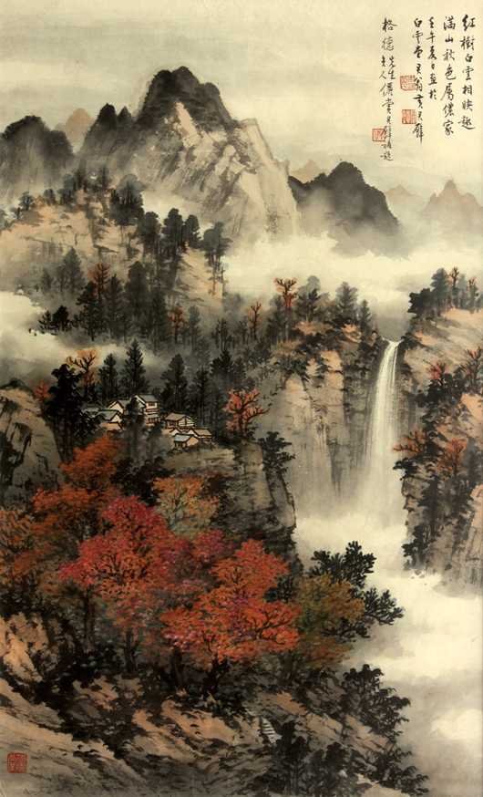 This framed Chinese ink and color painting on paper titled ‘Autumn Landscape’ and attributed to Huang Junbi (Chinese, 1898-1991) sold for over 10 times its high estimate at $50,363. Clars Auction Gallery image.