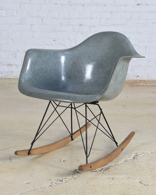 Eames rocking chair (turquoise) with Herman Miller label, 27 inches high. Estimate: $600-$900. Material Culture image.