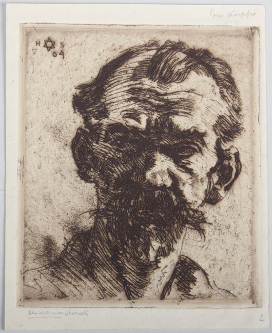 Hermann Struck Etching (German/Israeli 1876-1944) 'Portrait of Man,' 1904, signed lower left and numbered '2' in pencil, image size: 4 3/4 x 4 1/4 image. Estimate: $100-$200. Material Culture image.