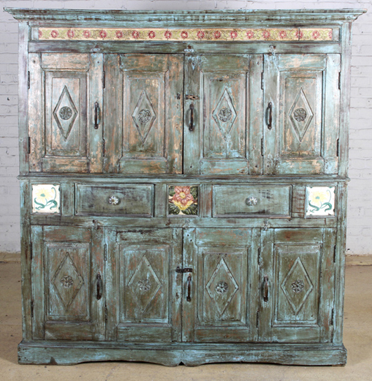 Extra-large Anglo Indian teak cabinet, circa 1900, paint, ceramic tiles, 66 1/2 x 63 x 18-1/2 inches. Property of Michaelian and Kohlberg. Estimate: $600-$900. Material Culture image.