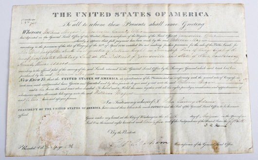 President John Quincy Adams signed land grant. dated Aug. 6, 1825, Washington, D.C., 10 by 15 3/4 inches. Estimate: $400-$800. Material Culture image.